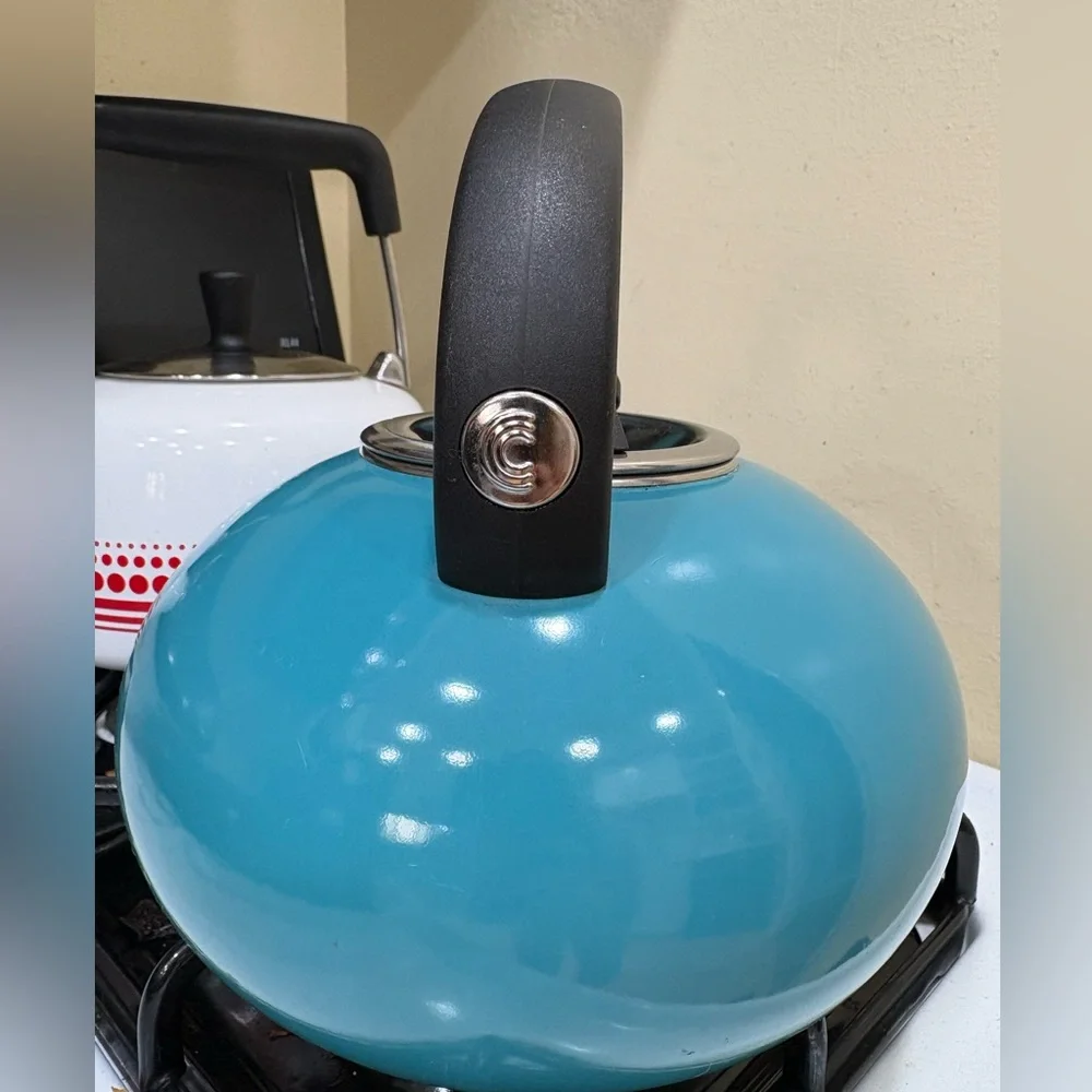 Teal Whistling Stovetop Kettle with Black Handle and Spout Cap